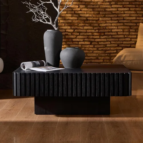 Miniatura 4 de Mesa de Centro Cuadrada de 35.43'' para Sala de Estar Mesa de Centro Acanalada Mesa Central Moderna con Pedestal para Apartamento Negro