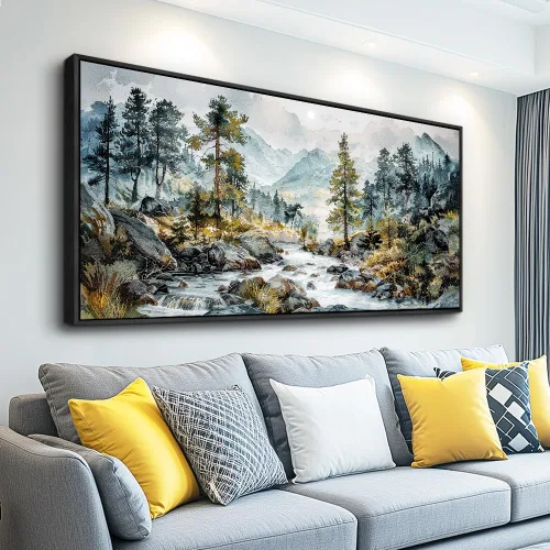 Miniatura 10 de PHAOHUAXM Lienzo decorativo de pared para sala de estar, decoración de pared grande para dormitorio, árbol rojo, tinta, paisaje de montaña, pintura