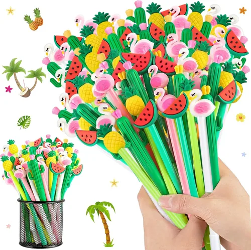 Miniatura 8 de 30 bolígrafos hawaianos Luau de tinta de gel negra de 0.020 in, lindo flamenco, sandía, cactus, piña, fruta para niños, estudiantes y suministros