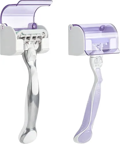 Miniatura 19 de Paquete de 2 soportes acrílicos para maquinilla de afeitar con cubierta para ducha, organizador de afeitadora montado en la pared con ventosa