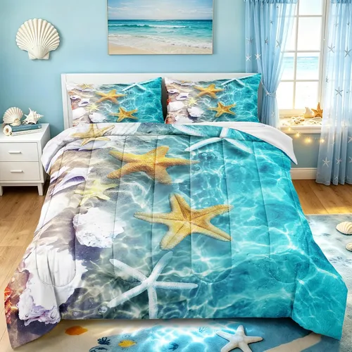 Miniatura 7 de BDUCOK Twin Size Ocean Starfish Comforter Set Teal Turquoise Beach Bedding with Seashell Print Coastal Nautical Bedroom Decor All Season 3005Twin