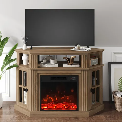 Miniatura 2 de YESHOMY Soporte esquinero para TV con chimenea para televisores de hasta 55" con gabinetes de almacenamiento, centro de entretenimiento, consola