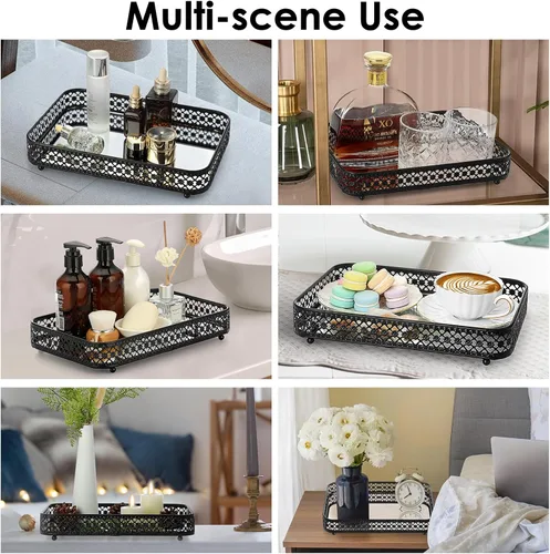 Miniatura 7 de ELLDOO - Bandeja negra para perfumes y maquillaje, bandeja de joyería con talla hueca, organizador de vidrio y metal para baratijas para cómoda