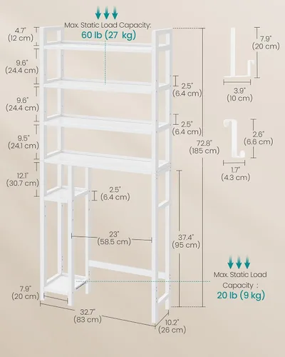 Miniatura 5 de SONGMICS Almacenamiento sobre el inodoro, organizador de baño de 4 niveles con estantes ajustables, 10.2 x 32.7 x 72.8 pulgadas, ahorro de espacio