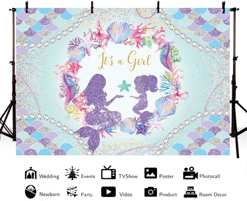 Miniatura 2 de MEHOFOND Telón de fondo para baby shower con tema de sirena de 8 x 6 pies para niñas, con texto en inglés "It's a Girl", fondo de fotografía de baby
