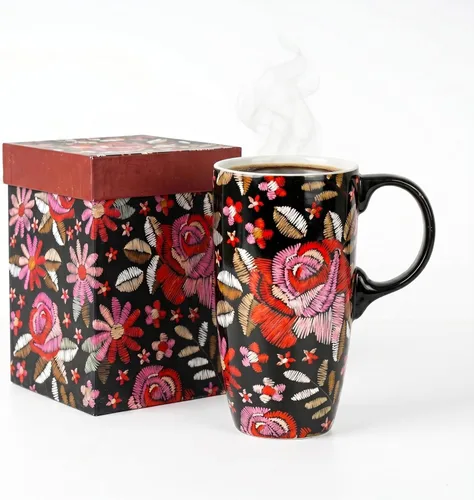 Miniatura 14 de Topadorn Taza de Café de Cerámica Taza de Viaje Regalo con Tapa 17oz., Taza de Té Alta de Porcelana con Asa para el Hogar y la Oficina, Taza