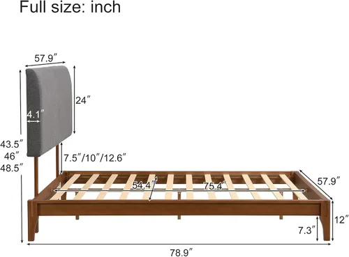 Miniatura 2 de Harper & Bright Designs Marco de cama de plataforma de bambú de tamaño matrimonial, cama de plataforma de madera de bajo perfil con cabecero, sin