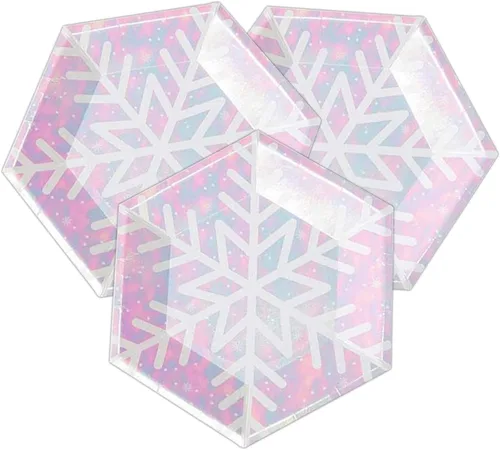 Miniatura 8 de Juego de suministros de fiesta de copo de nieve de Navidad sirve 16, suministros de fiesta temática rosa iridiscente, platos de papel de copo