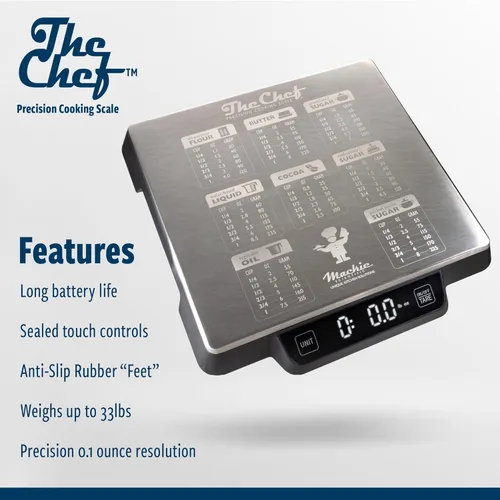 Mackie The Chef Báscula de cocina digital, gramos y onzas de precisión, fácil para cocinar, hornear comida, preparación, hornear en la mesa de