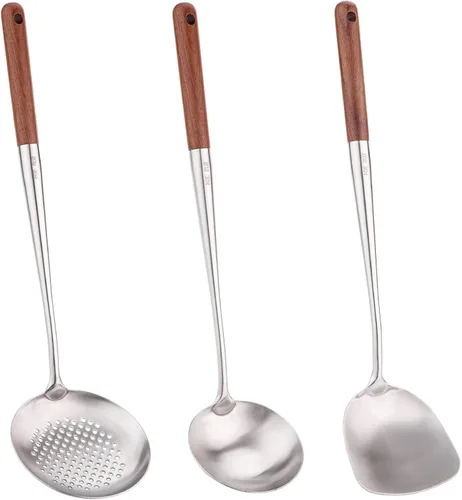 Wok Cucharón y espátula, juego de cucharón wok de acero inoxidable, 3 cucharones largos de cocina, espátula de metal con mango de madera, juego de