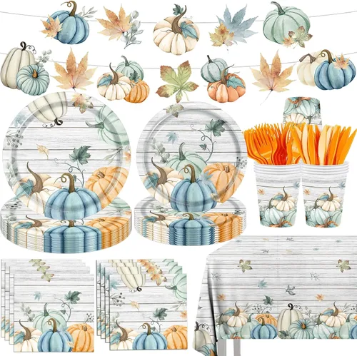 142 platos y servilletas para fiesta de otoño, suministros para fiesta, platos de calabaza de acuarela y servilletas, vasos, manteles y cubiertos