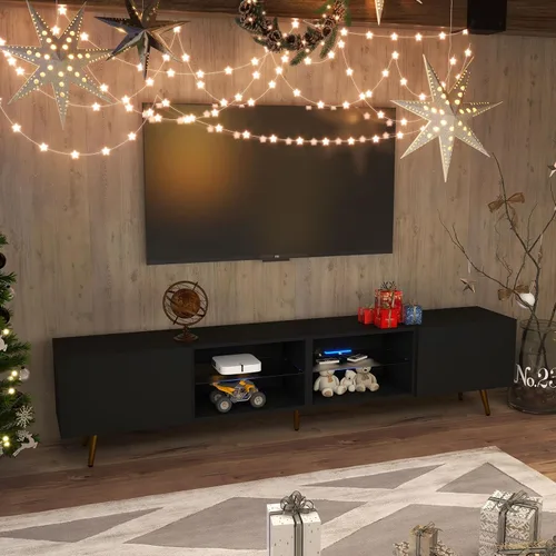 Miniatura 6 de Bonzy Home Soporte de TV de 86 pulgadas, moderno centro de entretenimiento para TV de 75 pulgadas, mesa consola de televisión con gabinetes de Negro