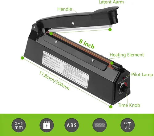 Miniatura 3 de Sellador térmico por impulso de 8 pulgadas, máquina de sellado térmico manual de bolsas de polietileno, selladora térmica para bolsas de plástico