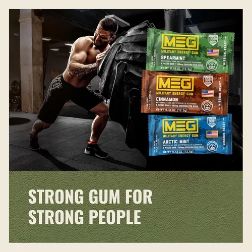 Miniatura 8 de MEG - Goma de mascar de energía militar 100 mg de cafeína por pieza + aumenta la energía + aumenta el rendimiento físico + menta verde paquete