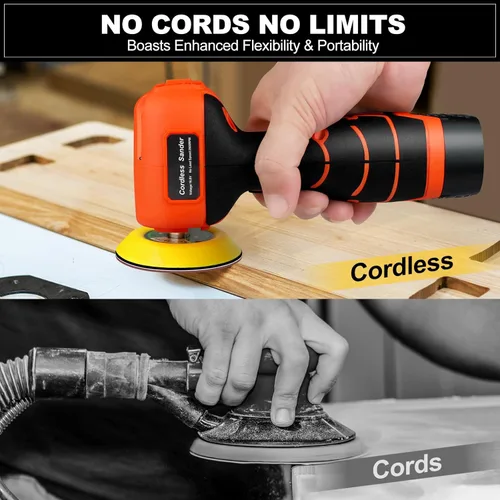 Miniatura 7 de Lijadora inalámbrica, lijadora de palma de 3 pulgadas con batería de iones de litio de 16.8 V y 3.0 Ah, mini pulidora de 3500 rpm, 19 accesorios