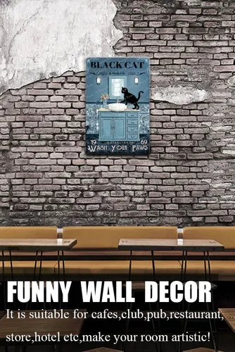 Miniatura 3 de Zomyto Letrero de metal retro para decoración de baño, diseño de gato negro con texto en inglés "Wash Your Paws", divertido póster para baño, baño