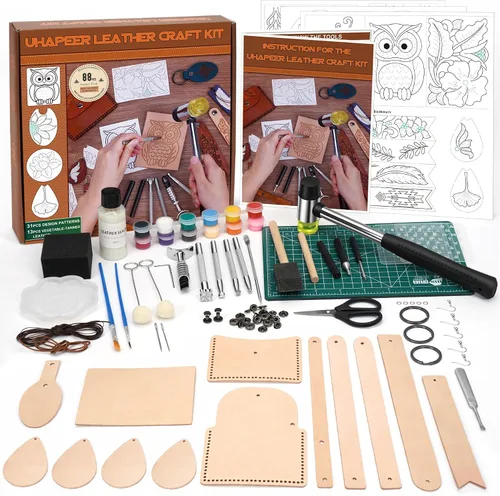 UHAPEER Kit de manualidades de cuero de 88 piezas: herramientas y suministros para trabajo de cuero para adultos, con herramientas de estampado,