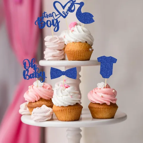 Miniatura 8 de Gyufise Paquete de 36 adornos para cupcakes "It's a Boy" con corbata, mameluco de amor, corazón, azul profundo, purpurina azul oscuro, decoración
