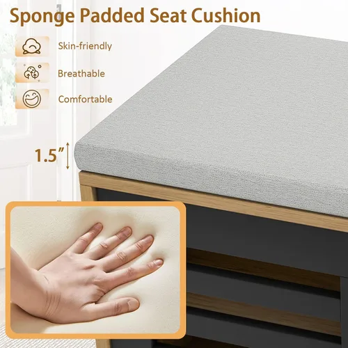 Miniatura 7 de Giantex Banco de almacenamiento de zapatos de entrada, zapatero con cojín de asiento y 6 compartimentos de almacenamiento, 2 puertas correderas y 3