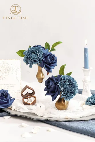 Miniatura 3 de TINGE TIME 16 rosas artificiales de seda de aspecto real, mezcla de color azul, rosa falsa con tallo para ramos de boda, centros de mesa