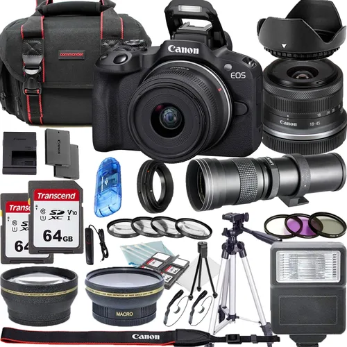 Canon Cámara sin espejo EOS R50 con lentes de teleobjetivo de 0.709-1.772 in y 16.535-31.496 in f/8.3 HD + filtros de lente + funda + paquete de