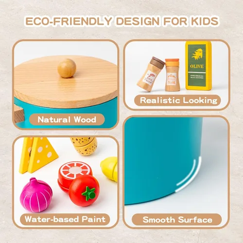 Miniatura 7 de Cafetera de madera para niños, juego de juguetes de comida para niños pequeños