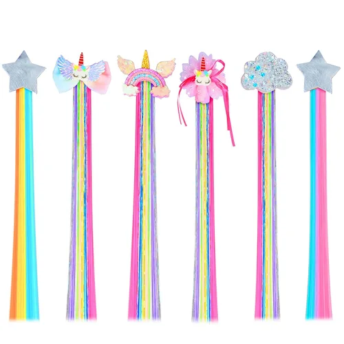 Little World Pinzas para el cabello para niñas, 6 extensiones de cabello arcoíris, pinzas de pelo de unicornio para niñas y niños pequeños, colas de
