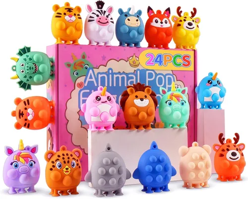 ChildFun 24 piezas de recuerdos de fiesta para niños, juguetes fidget pop de animales de silicona con succión, regalos de cumpleaños para niños y