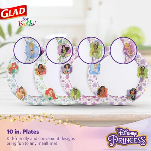 Miniatura 2 de Glad Platos de Papel Desechables de Princesas Disney para Niños, Marcos Florales - Resistentes, A Prueba de Absorción, Aptos para Microondas, Platos