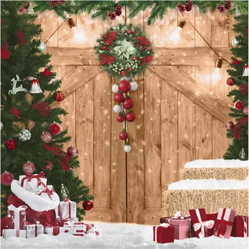 Allenjoy Fondo rústico de 6 x 6 pies para puerta de granero de Navidad para fotografía, fondo de fiesta de madera de Feliz Navidad, vacaciones de