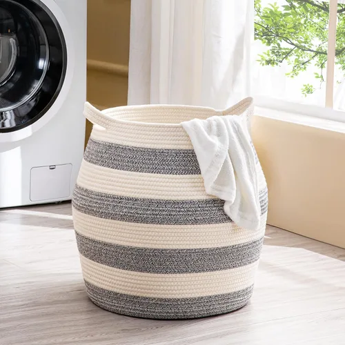 Miniatura 3 de KAKAMAY Cestas Tejidas para Almacenamiento (17"x17"), Cesta Grande de Cuerda de Algodón Tejida, Canasta de Ropa para Bebé, Cesta de Ropa Plegable