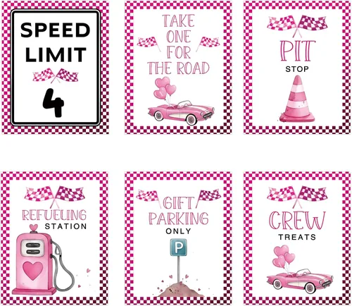Miniatura 9 de Letreros de fiesta de primer cumpleaños de coche de carreras rosa, límite de velocidad, decoraciones de cumpleaños para niña, decoración rápida