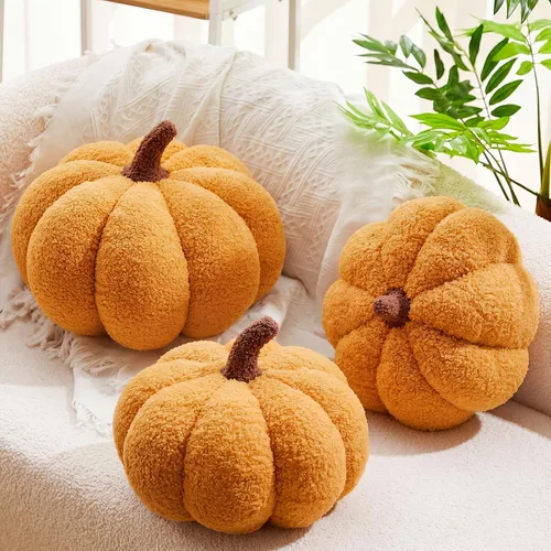 Miniatura 9 de Juexica 3 almohadas de calabaza de peluche esponjosas en 3D con forma de calabaza decoración de otoño, Acción de Gracias, Halloween, cojín de marrón