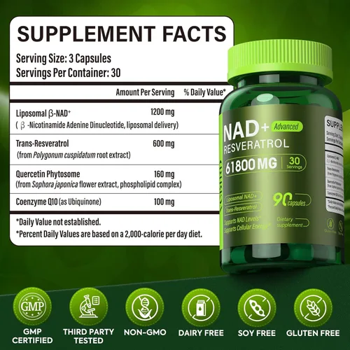 Miniatura 8 de Nad Resveratrol Suplemento 1200mg por porción - Nad+ liposomal Resveratrol para mujeres y hombres - Suplemento Nad+ de alta pureza de 1200 mg