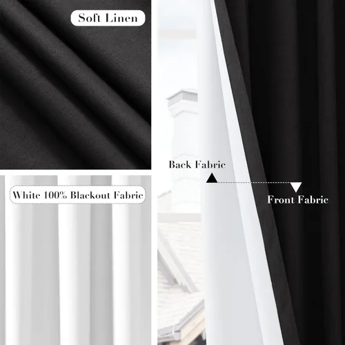 Miniatura 5 de Joywell - 2 cortinas de lino 100% opacas, con bolsillo para cortinero, trabilla trasera, cinta para ganchos y anillas con clip, plisadas, con Negro