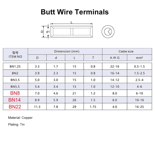 Miniatura 6 de 40 unids calibre 8 6 4 terminal a tope conectores de alambre eléctrico empalmes de cobre estañado empalmes de cable virolas de cable