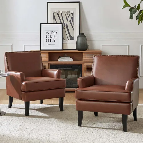 Miniatura 8 de HULALA HOME Silla decorativa moderna de piel sintética, cómoda silla tapizada con ribete de cabeza de clavo, sillón para sala de estar y dormitorio