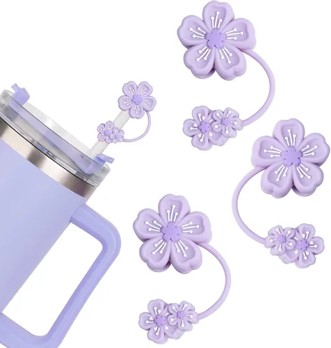 Fundas de popote de flores moradas para accesorios de copa Stanley, adorno de popote de silicona para Stanley Cup de 30 y 40 onzas, 0.394 in, 0.4