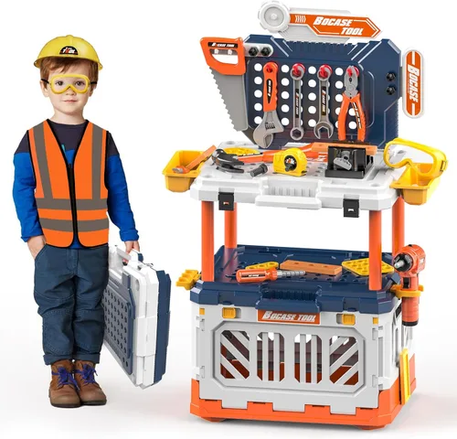 Banco de herramientas para niños, banco de trabajo de juguete con caja de almacenamiento, juego de herramientas para niños 4 en 1 con taladro