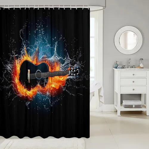 Miniatura 2 de Erosebridal Cortina de ducha de guitarra eléctrica 3D de 72 pulgadas de ancho x 78 pulgadas de largo, cortina de baño con llama, cortina de baño