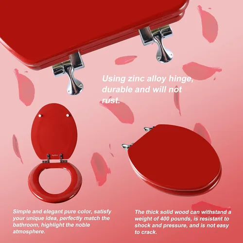 Miniatura 2 de Asiento de inodoro alargado rojo de madera natural con bisagras de aleación de zinc, fácil de instalar y también fácil de limpiar, asiento