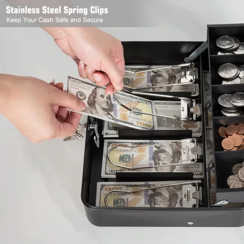 Miniatura 4 de Caja de efectivo con llave de bloqueo y bandeja de dinero, caja de dinero grande para caja registradora, caja de metal para dinero segura de 11.8 x