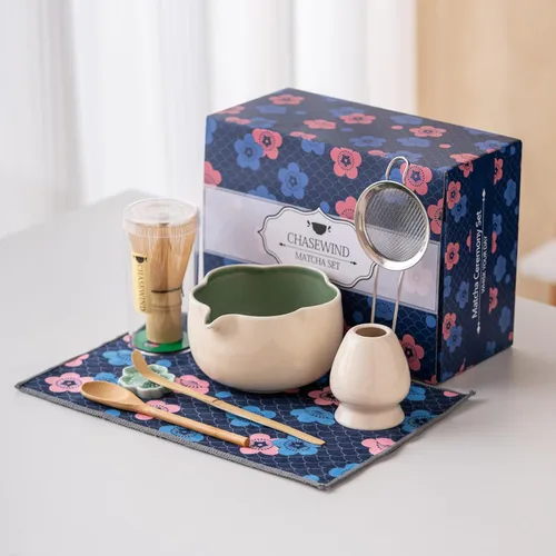 Miniatura 2 de Juego de Matcha, Juego de Matcha de Cerámica Floral de 8 Piezas con Batidor de Matcha, Soporte, Cuchara, Reposa-cuchara, Colador, Cuchara y Paño