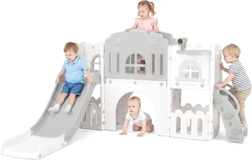 Miniatura 15 de OLAKIDS Tobogán para niños pequeños, 6 en 1 para interiores y exteriores, con aro de baloncesto, telescopio, almacenamiento de juguetes para niños