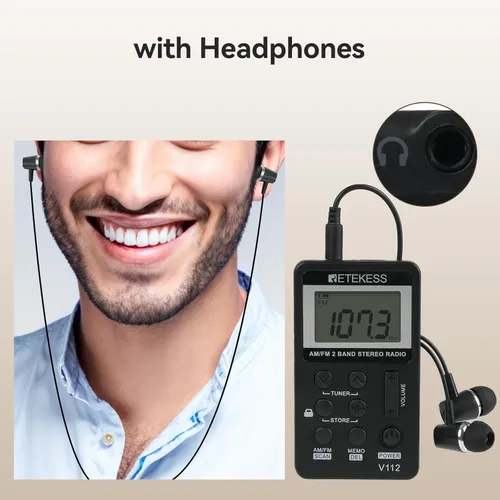 Miniatura 8 de Retekess V112 Radio de Bolsillo AM FM, Radio Digital con Auricular, Batería Recargable con Pantalla LCD para Caminar, Trotar, Entrenamiento (Negro)