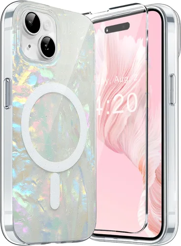 Miniatura 10 de Funda MagSafe para iPhone 15 Pro para mujeres y niñas, funda magnética iridiscente con purpurina iridiscente de ópalo perlado
