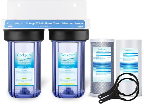 Geekpure Sistema de filtro de agua de 2 etapas para toda la casa con carcasa transparente grande de 10 pulgadas PP y filtros de carbono, 1 pulgada