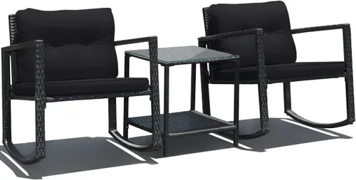 RELAX4LIFE Juego de sillas mecedoras para exteriores, juego de 3 piezas de mimbre de polietileno con mesa de cojines y estante de almacenamiento,
