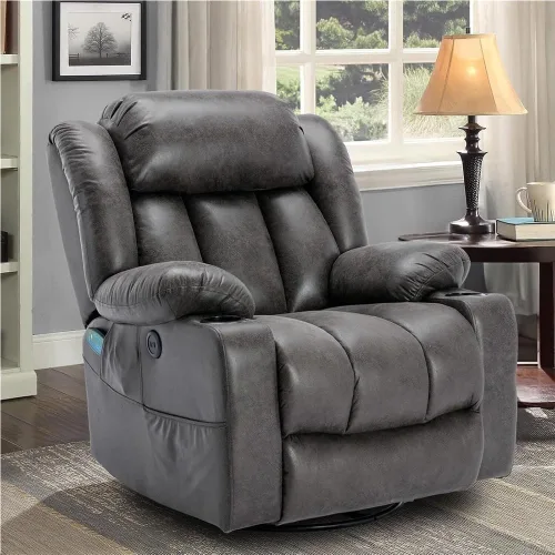 Power Swivel Glider Recliner with Lumbar Heat & Vibration Massage, Large Electric Rocking Chair with USB Ports, Cup Holder & Side Pockets – Home