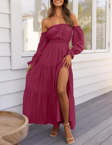 Miniatura 34 de ZESICA - Vestido largo, bohemio y sexy, con hombros descubiertos y manga larga fruncida, con elástico fruncido, cintura alta y abertura lateral